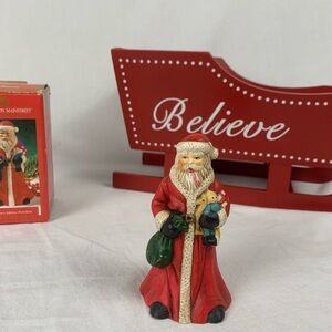 Vintage Charming Santa Claus Bell Figurine w/ Red Coat Green Bag In Original Box